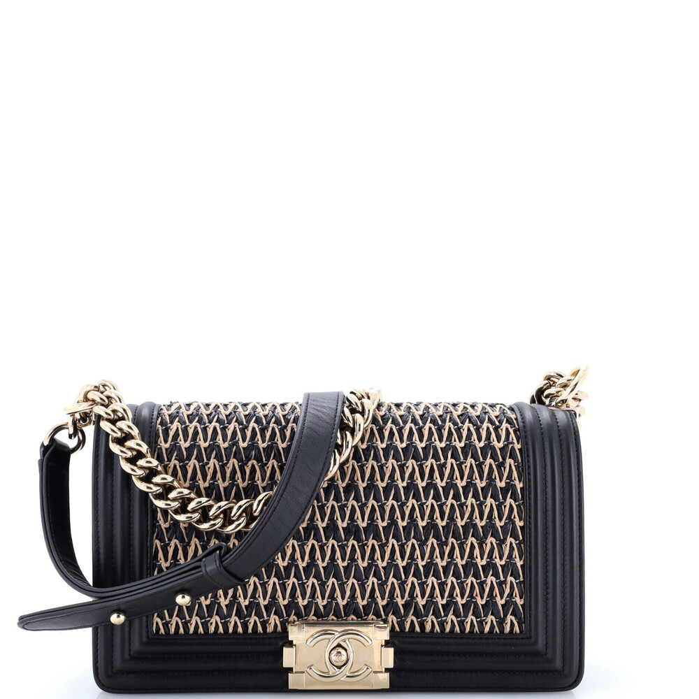 Chanel Old Medium Boy Flap Bag Chevron Woven Raffia and Leather